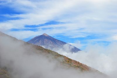 Scenic view of mountains against cloudy sky