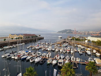 High angle view of boats moored in harbor