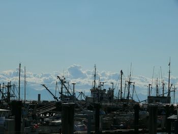 Low angle view of crane against sky