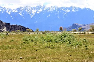 Scenic view of field and mountains against sky