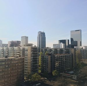 Modern cityscape against clear sky