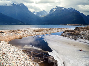 Scenic view of lake and snowcapped mountains against sky