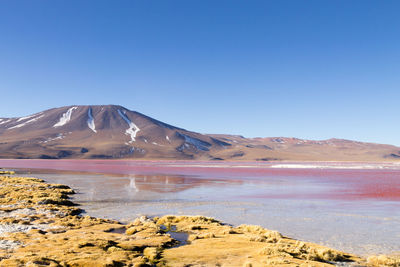 Scenic view of mountains against clear blue sky