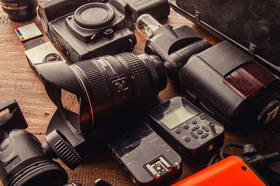 High angle view of camera on table