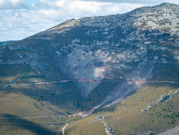 Aerial view of road by mountains against sky