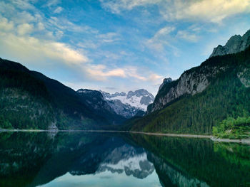 Scenic view of lake and mountains against sky