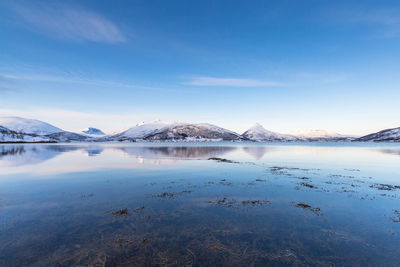 Scenic view of lake against blue sky