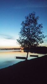 Silhouette tree by lake against sky at sunset