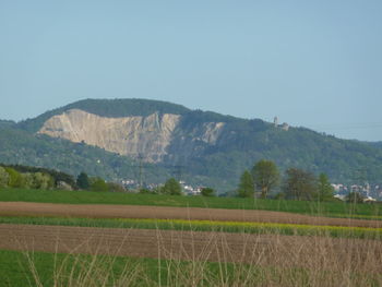 Scenic view of field and mountains against clear sky