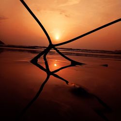 Close-up of silhouette plant against lake during sunset