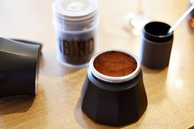 High angle view of coffee on table