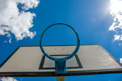 Low angle view of basketball hoop against blue sky