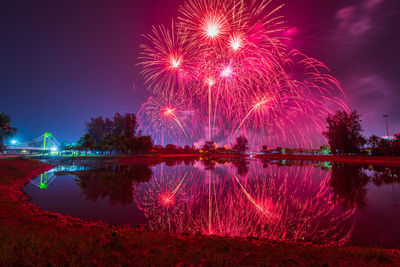 Firework display over lake against sky at night