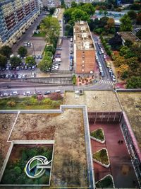 High angle view of road against trees