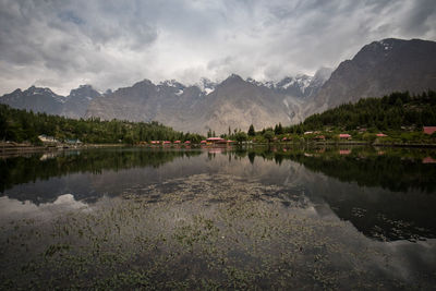 Scenic view of lake and mountains against sky