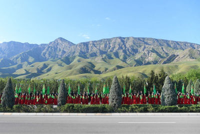 Scenic view of mountains against clear blue sky