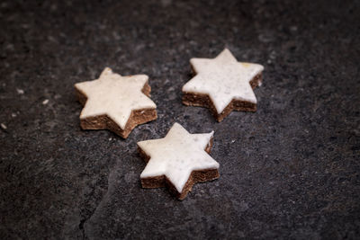 High angle view of cookies on christmas tree