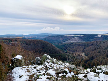 Scenic view of landscape against sky during winter