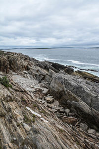 Scenic view of rocky beach against sky