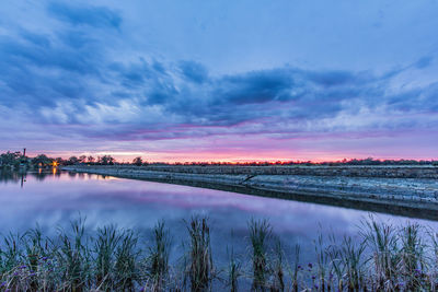 Scenic view of lake against sky at sunset