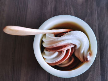 High angle view of dessert in bowl on table