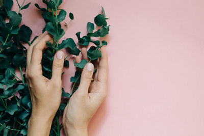 Midsection of woman holding plant against gray background