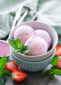 Homemade strawberry ice cream with fresh strawberries. sweet berry summer dessert. 