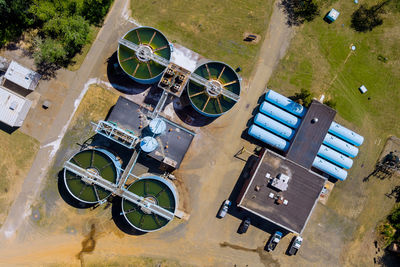 High angle view of bicycles on field