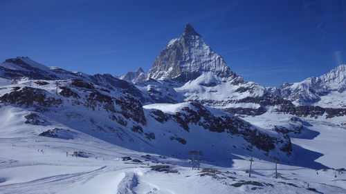 Scenic view of snowcapped mountains against clear sky