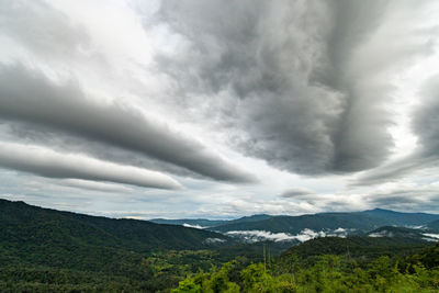 Scenic view of mountains against cloudy sky