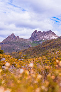 Scenic view of rocky mountains against sky