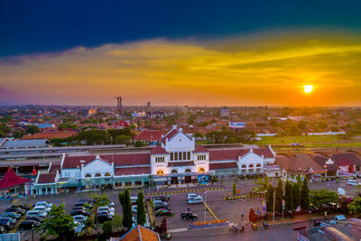 High angle view of townscape against sky at sunset