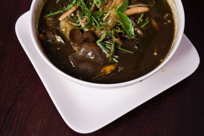 High angle view of soup in bowl on table