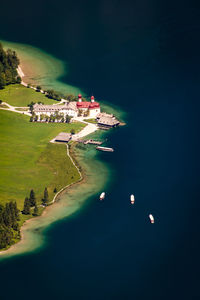 High angle view of sea and trees