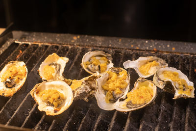 High angle view of food on barbecue grill