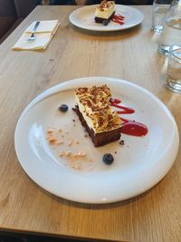 High angle view of cake in plate on table