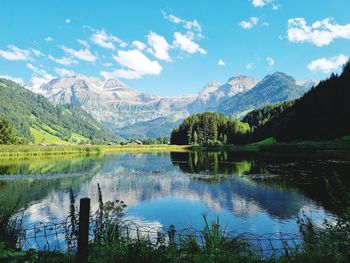 Scenic view of lake and mountains against sky