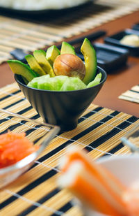 High angle view of fruits in bowl on table