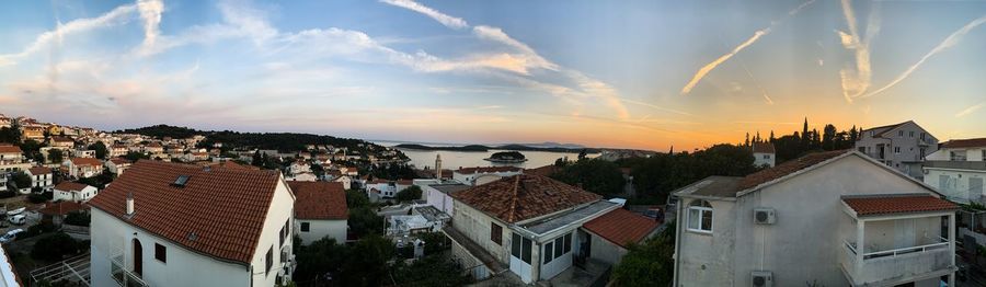 High angle view of townscape against sky at sunset