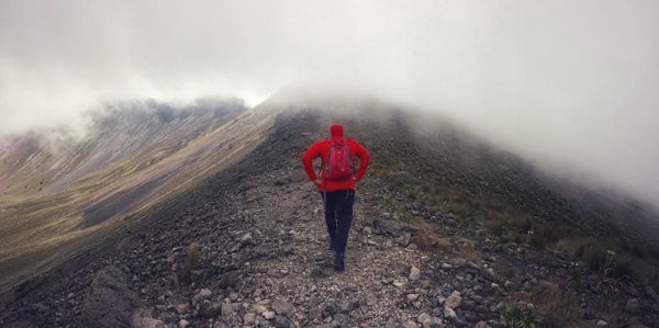 Rear view of man standing on mountain