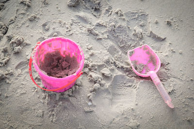 High angle view of pink rose on beach