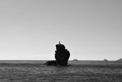 Statue by sea against clear sky