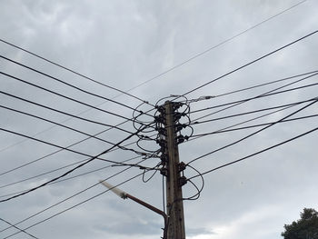 Low angle view of electricity pylon against sky