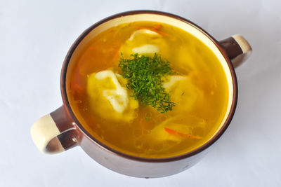 High angle view of soup in bowl on table