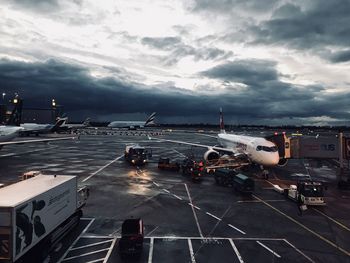 High angle view of airport runway against sky