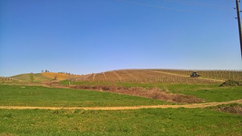 Scenic view of field against clear blue sky