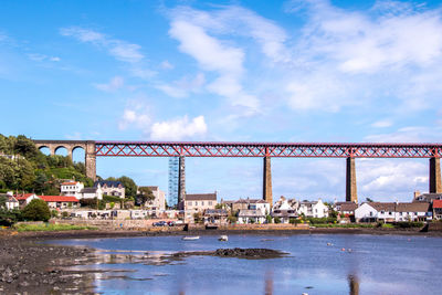 Bridge over river in city against sky