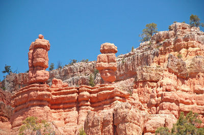 Low angle view of rock formations against clear sky