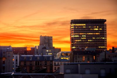 Buildings in city at sunset