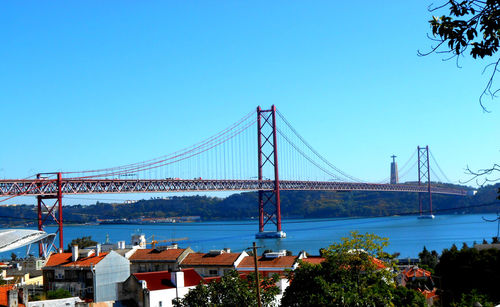 View of suspension bridge against clear blue sky. april 25th bridge. lisbon portugal